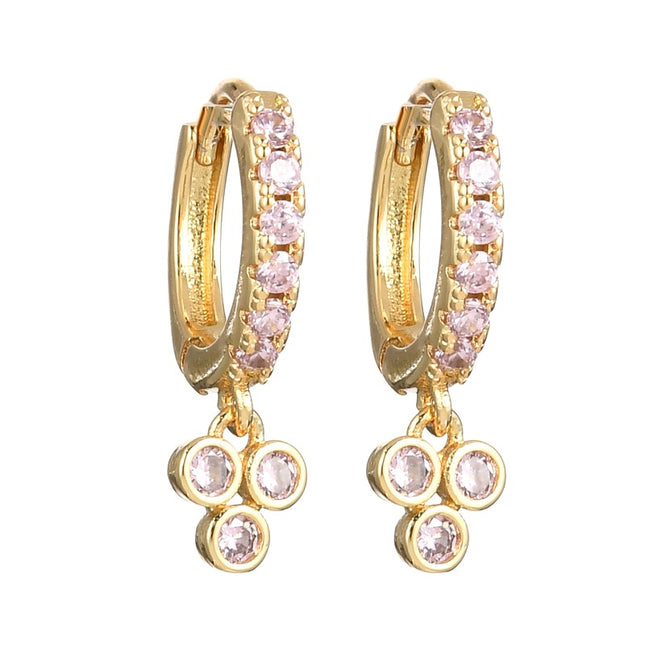Boucles d'oreilles Créoles dorées à l'or fin zirconiums roses sertis breloque