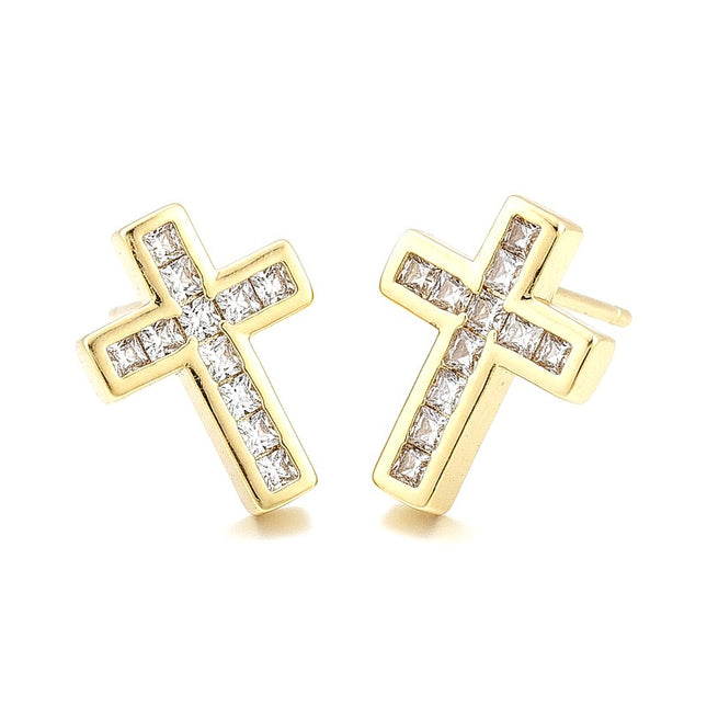 Boucles d'oreilles Croix Chrétienne dorées à l'or fin zirconiums sertis