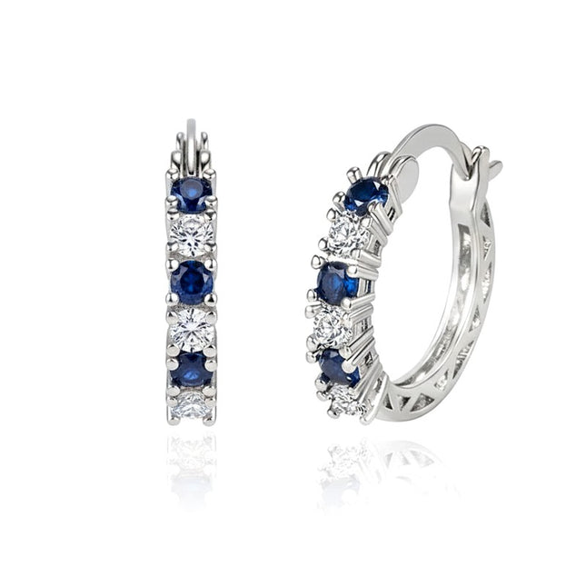 Boucles d'oreilles argent 925 Créoles zirconiums blanc et bleu sertis Magdeleine