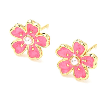 Boucles d'oreilles clous émail rose dorées à l'or fin