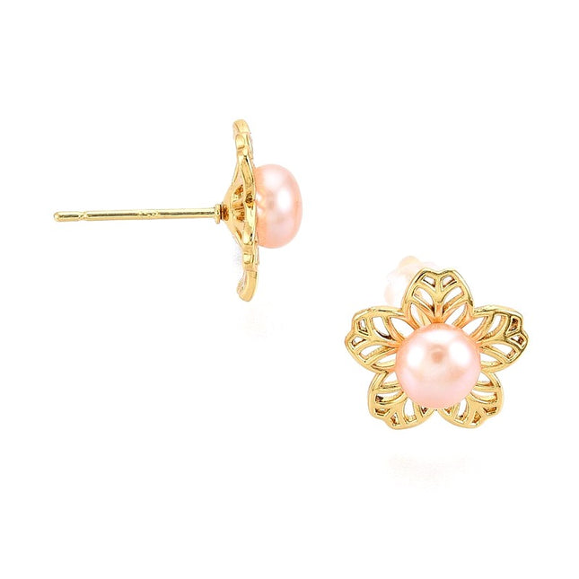 Boucles d'oreilles dorées à l'or fin en forme de fleur perle de culture