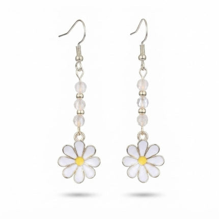 Boucles d'oreilles fantaisie acier inoxydable perles fleur émaillée blanche