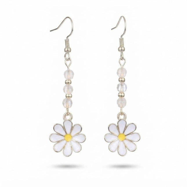 Boucles d'oreilles fantaisie acier inoxydable perles fleur émaillée blanche