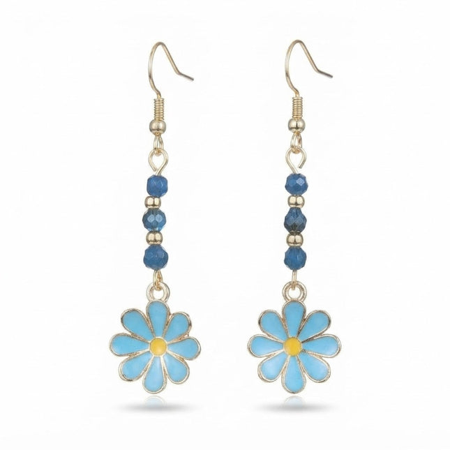 Boucles d'oreilles fantaisie acier inoxydable perles fleur émaillée bleu