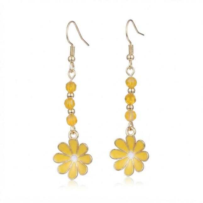 Boucles d'oreilles fantaisie acier inoxydable perles fleur émaillée jaune