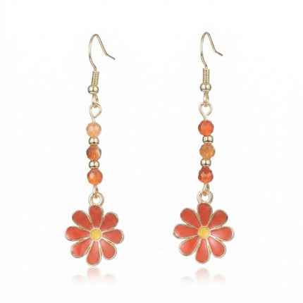 Boucles d'oreilles fantaisie acier inoxydable perles fleur émaillée rouge