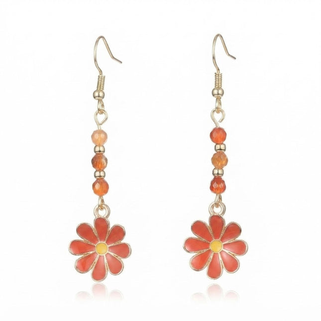 Boucles d'oreilles fantaisie acier inoxydable perles fleur émaillée rouge