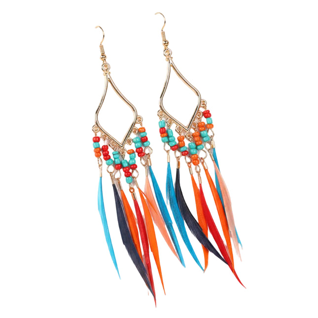 Boucles d'oreilles fantaisie plumes et perles de verre
