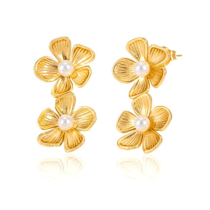Boucles d'oreilles femme en acier inoxydable doré tombantes deux fleurs avec perles