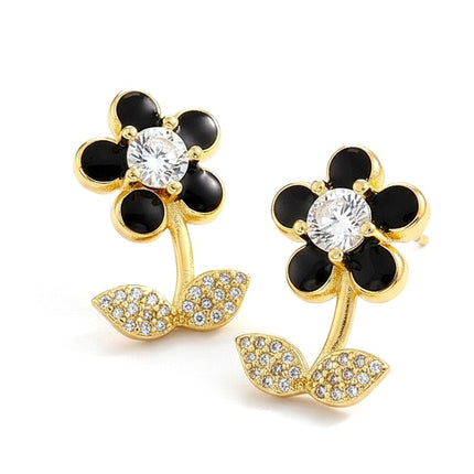 Boucles d'oreilles fleur émail noir doré à l'or fin
