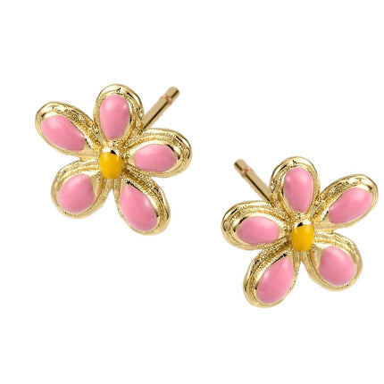 Boucles d'oreilles fleur émail rose dorées à l'or fin