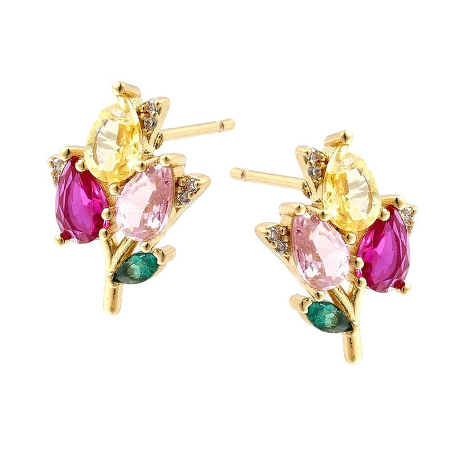 Boucles d'oreilles fleur oxydes couleurs dorées à l'or fin zirconiums sertis