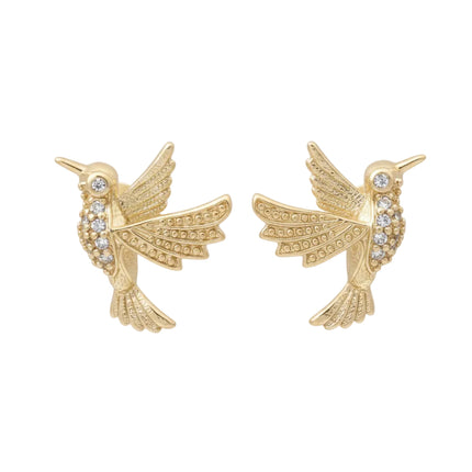 Boucles d'oreilles oiseau colibri dorées à l'or fin zirconiums sertis