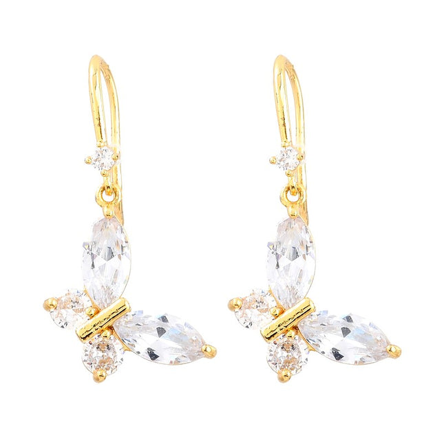 Boucles d'oreilles tombantes dorées à l'or fin papillon avec oxydes blanches