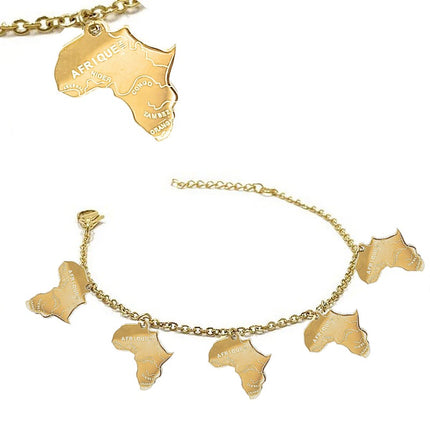 Bracelet pour femme - Acier 316 doré - Chaîne et motifs carte d'Afrique Bijouxmode