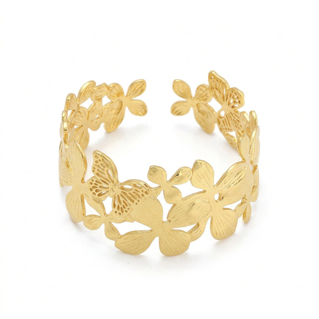 Bracelet acier inoxydable manchette floral doré à l'or fin