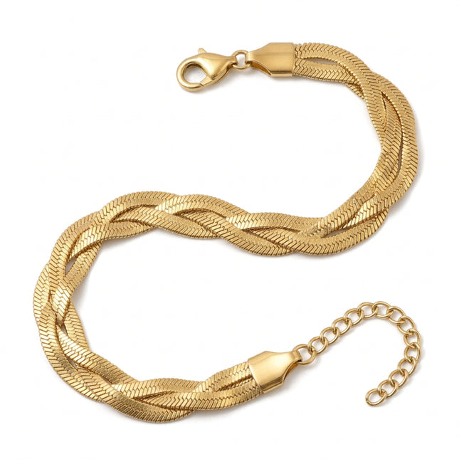 Bracelet acier inoxydable souple tresse maille chevron doré