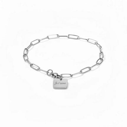 Bracelet en acier inoxydable chaîne trombone avec plaque personnalisable. je t'aime