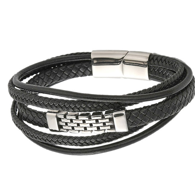 Bracelet souple en cuir tressé et acier inoxydable