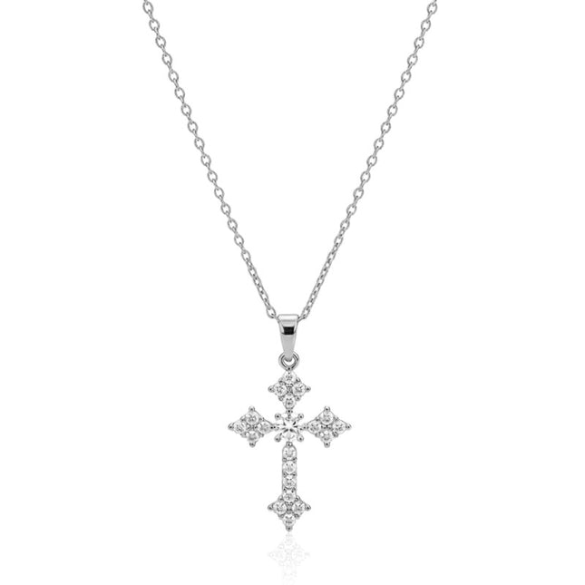 Collier acier inoxydable chaîne et pendentif croix argentée sertis de zirconiums