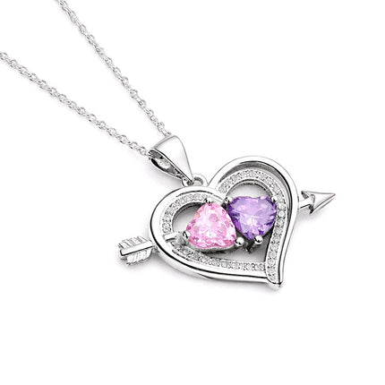 Collier argent 925 pendentif Cœur oxydes couleurs rose et mauve