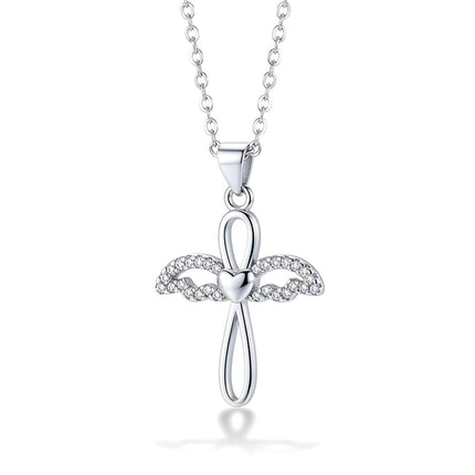 Collier argent 925 pendentif croix ailes ange orné de zirconiums sertis Margot