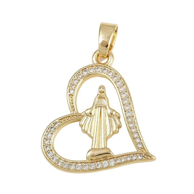 Collier chaîne et pendentif coeur avec vierge Marie zirconiums sertis doré à l'or fin