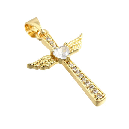 Collier chaîne et pendentif croix ailes d'ange zirconiums sertis doré à l'or fin