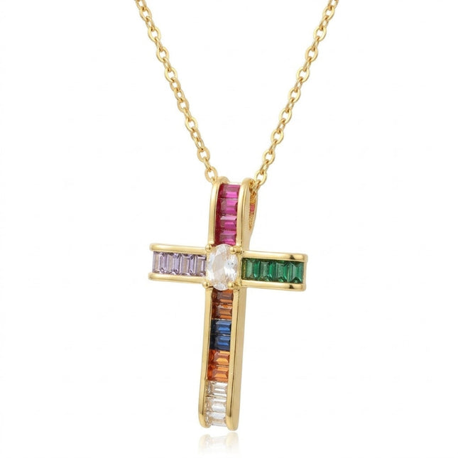 Collier chaîne et pendentif croix doré à l'or fin zirconiums couleurs sertis