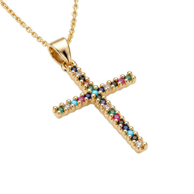 Collier chaîne et pendentif croix doré à l'or fin zirconiums couleurs sertis