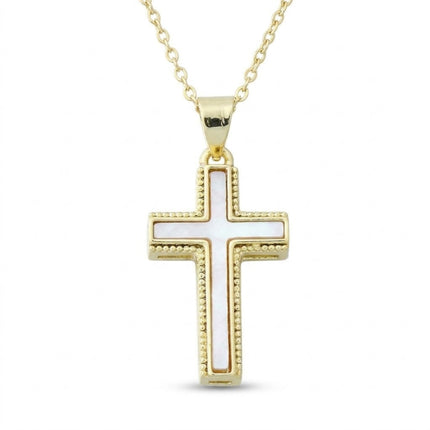 Collier chaîne et pendentif croix nacré doré à l'or fin zirconiums sertis