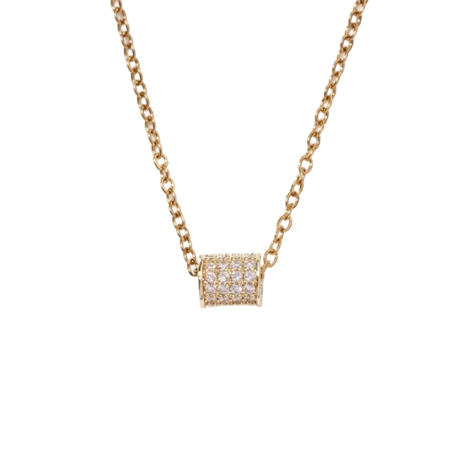 Collier chaîne et pendentif cylindre doré à l'or fin zirconiums sertis