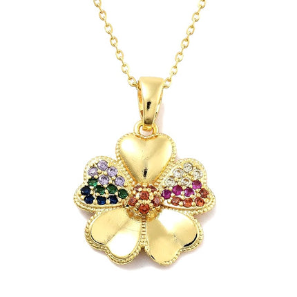 Collier chaîne et pendentif fleur zirconiums couleurs sertis doré à l'or fin