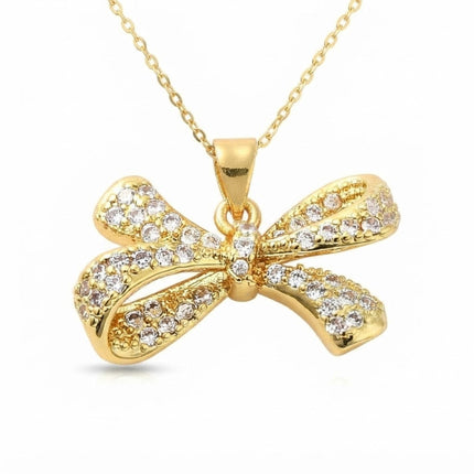 Collier chaîne et pendentif joli noeud doré à l'or fin zirconiums sertis