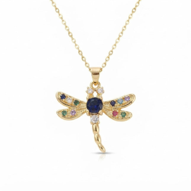 Collier chaîne et pendentif libéllule doré à l'or fin zirconiums couleurs sertis