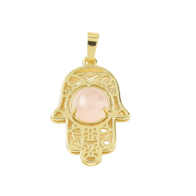 Collier chaîne et pendentif main de Fatma pierre naturelle quartz rose doré à l'or fin