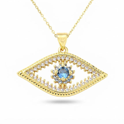 Collier chaîne et pendentif oeil oriental doré à l'or fin zirconiums sertis