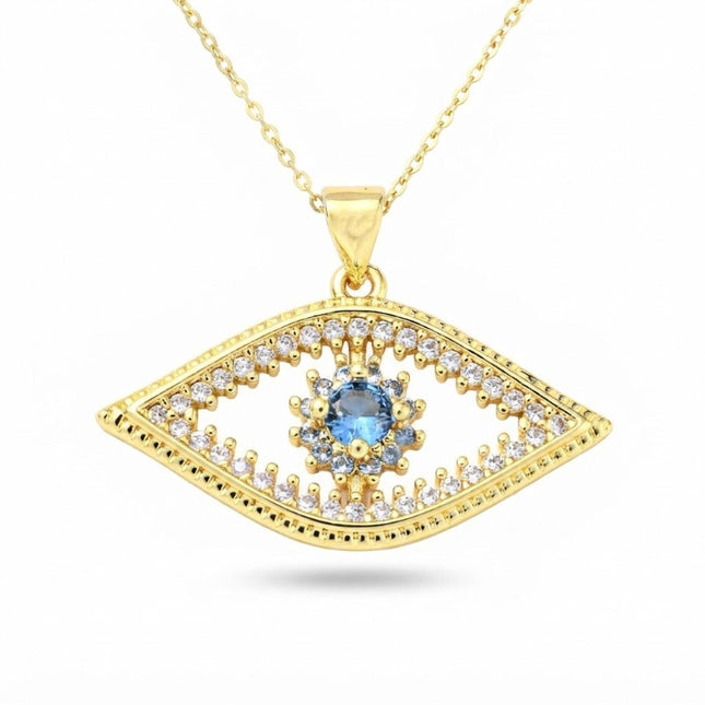 Collier chaîne et pendentif oeil oriental doré à l'or fin zirconiums sertis