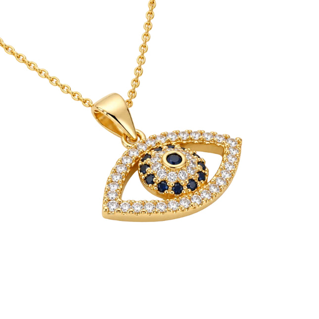 Collier chaîne et pendentif oeil oriental doré à l'or fin zirconiums sertis