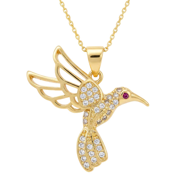 Collier chaîne et pendentif oiseau colibri zirconiums sertis doré à l'or fin