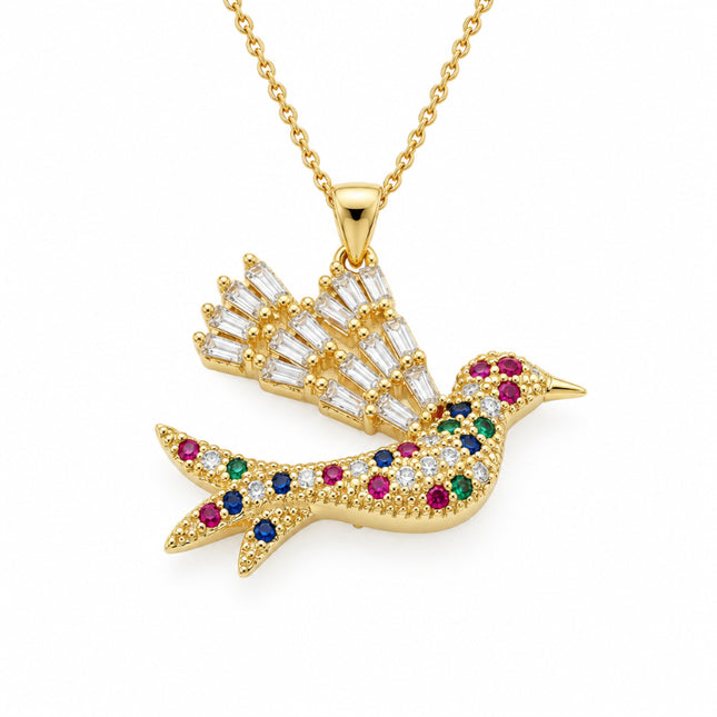 Collier chaîne et pendentif oiseau doré à l'or fin zirconiums couleurs sertis