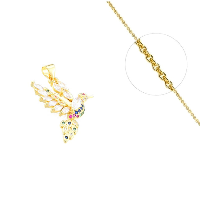 Collier chaîne et pendentif oiseau zirconiums couleurs doré à l'or fin
