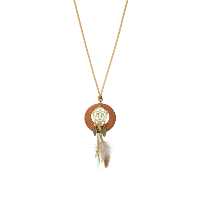 Collier fantaisie - style bohème bois et métal attrape rèves