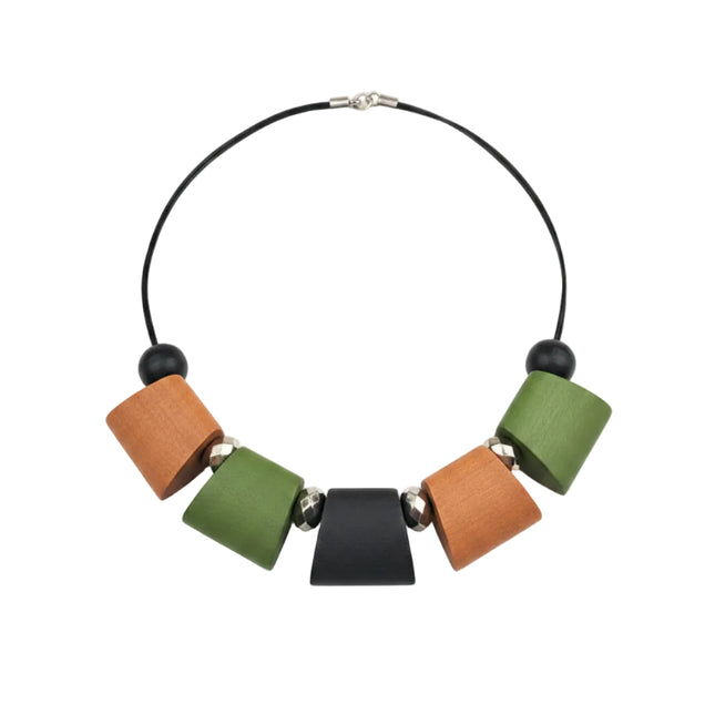 Collier fantaisie - style bohème plastron bois vert et marron
