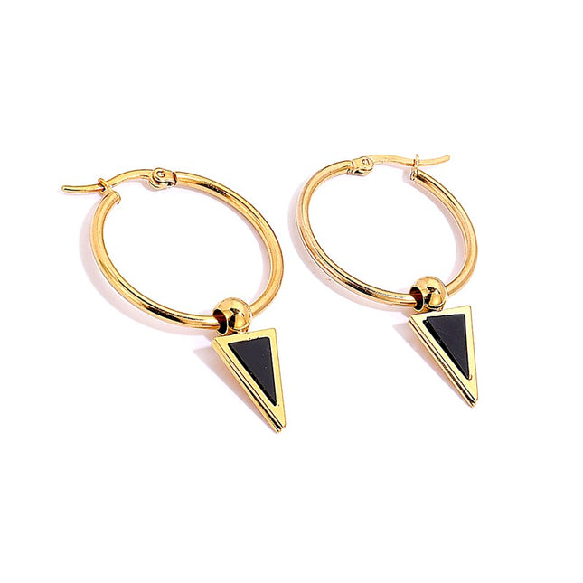 Boucles d'oreilles femme en acier inoxydable doré 18k Créole avec triangle noir Bijouxmode