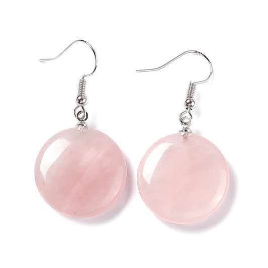 Boucles d'oreilles pendantes acier inoxydable pierres naturelles rondes quartz rose