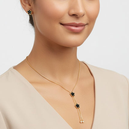 Parure collier boucles d'oreilles acier inoxydable fleurs nacre noir