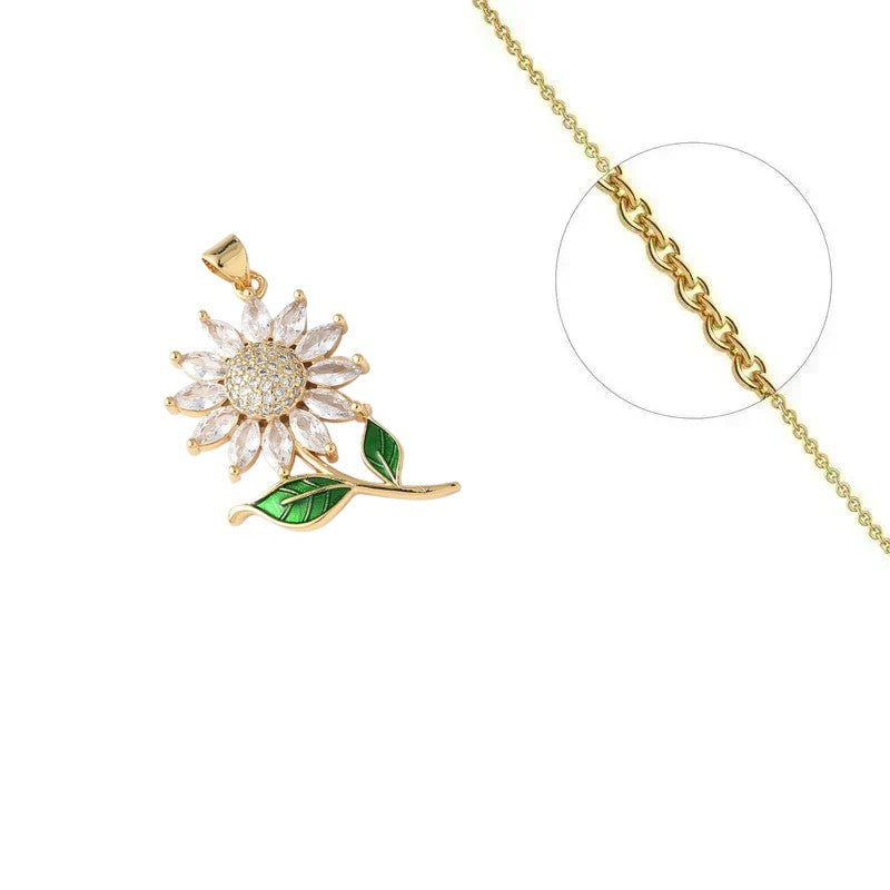 Gold chain necklace and enamel flower pendant with set zirconiums