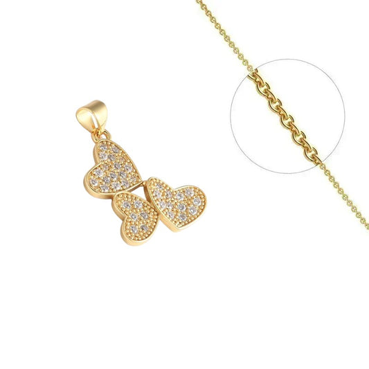 Gold chain necklace and trio pendant of hearts set with zirconiums