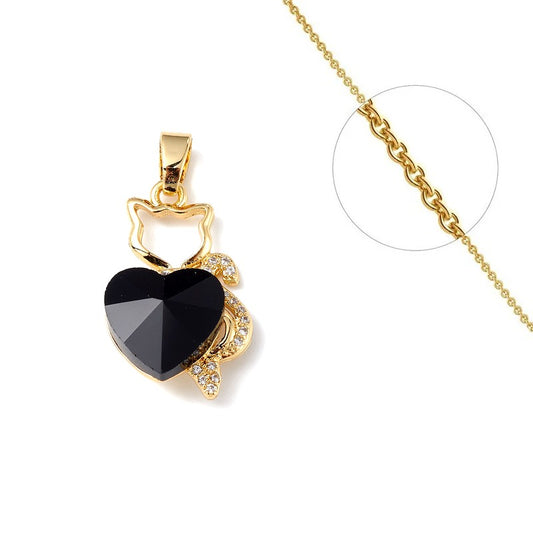 Chain necklace and zirconium cat pendant and black heart